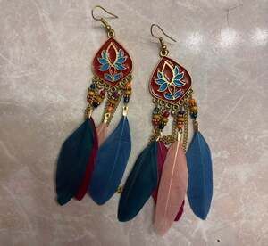 Bohemian Blue Long Feather Earring with Wood & Tassel Accents